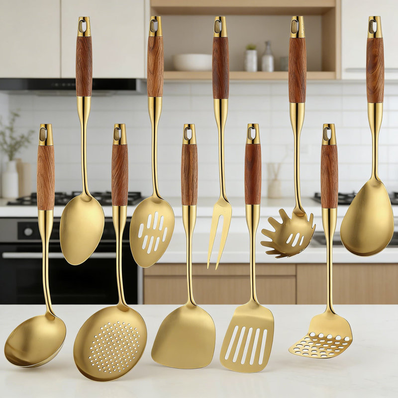 Ensemble d'ustensiles de cuisine en acier inoxydable 10 pièces avec poignée en bois, outils de cuisine en métal 18/10 pour usage professionnel et domestique, va au lave-vaisselle
