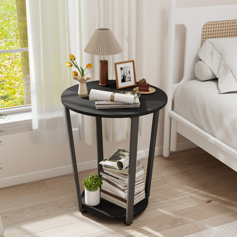 Table d'appoint ronde à 2 niveaux avec 2 rangées de hauteur, plateau en bois avec tablette de rangement, pour salon et chambre à coucher, gris foncé