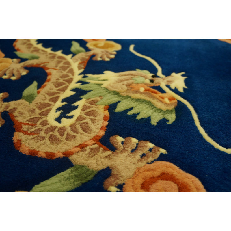 Vintage Art Deco Hallway Runner Wool Beige, Blue Navy Rug