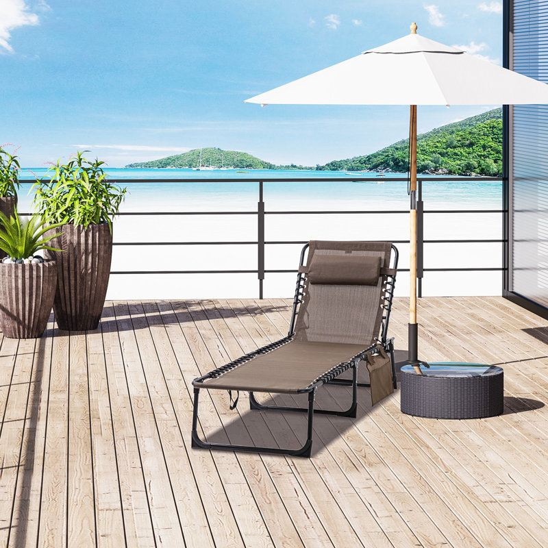 Patio Folding Sun Lounger Chair, Portable Camping Cot. Adjustable , Removable Pillow, Brown For Garden, Beach Entertainment Reclining Cot With Option.