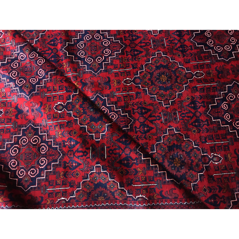 Oriental Hand-Knotted Red/Dark Blue/Gray Area Rug, Rectangle 9'11" x 18'11"