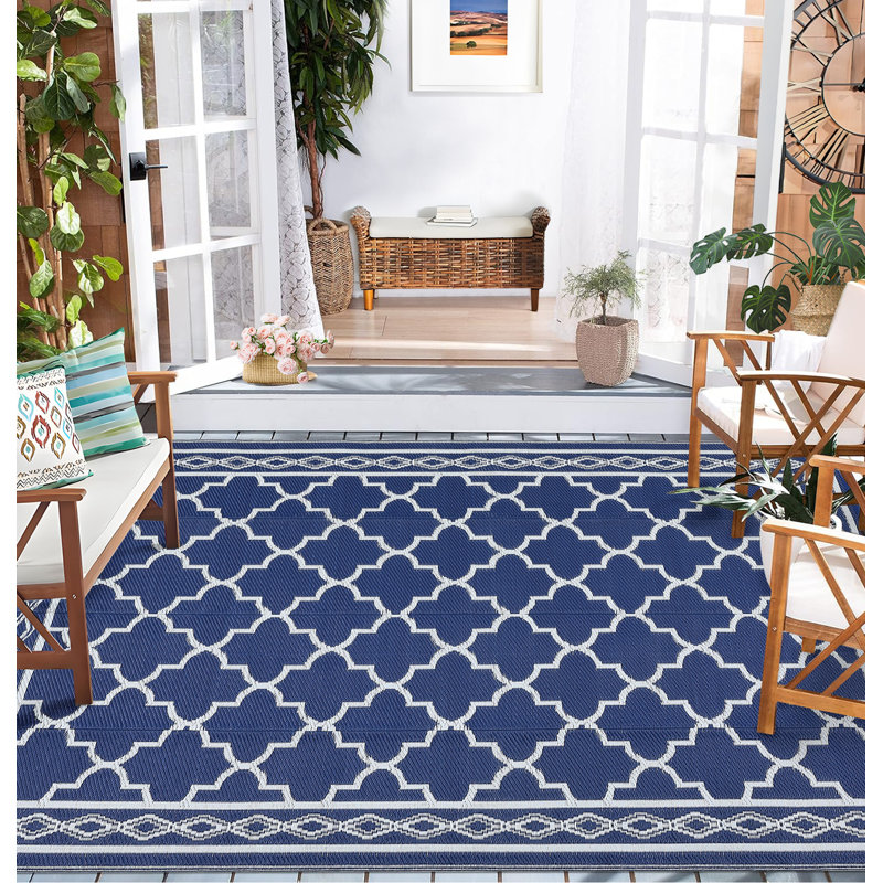 Tapis d'extérieur imperméable à l'eau Patio Tapis de paille en plastique réversible Tapis de camping rétro, Marine