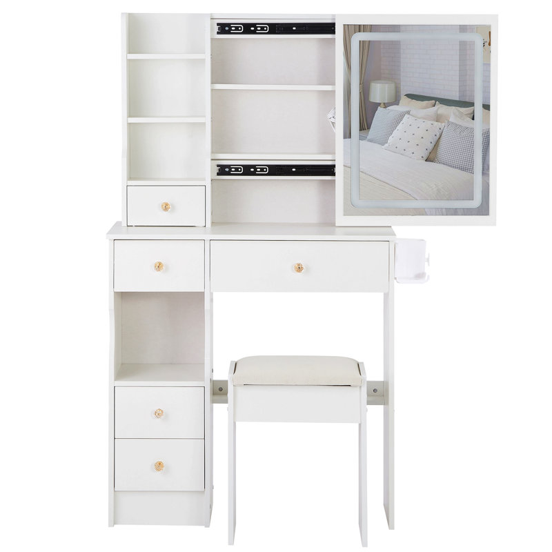 29.2" Small Size Left Drawer Desktop Vanity Table + Cushioned Stool, 2 Ac+2 Usb Power Station, Hair Dryer Bracket, Extra Large Touch Control Sliding Led Mirror, Tri-Color Switching, Brightness Adjust