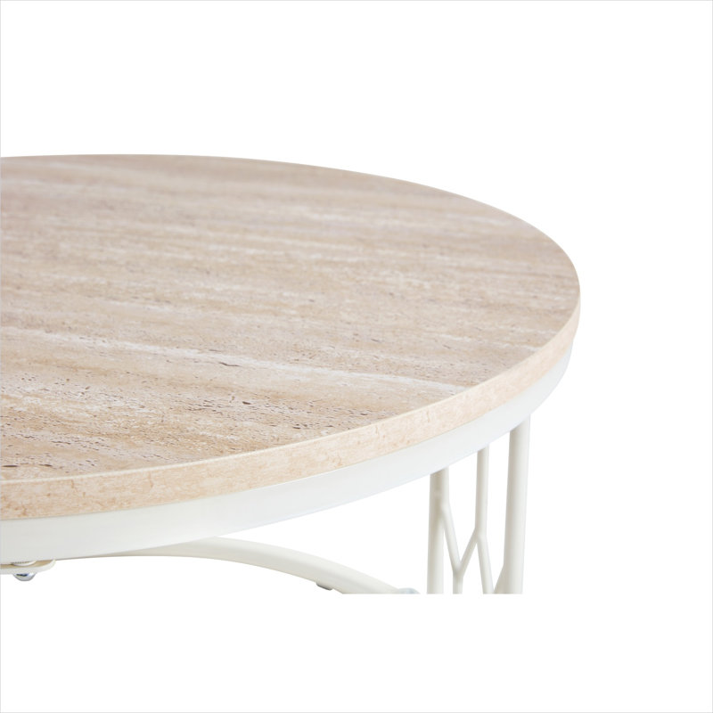 Table basse ronde avec texture faux travertin, 27,5 pouces de diamètre, panneau de fibres à densité moyenne et métal, finition blanche