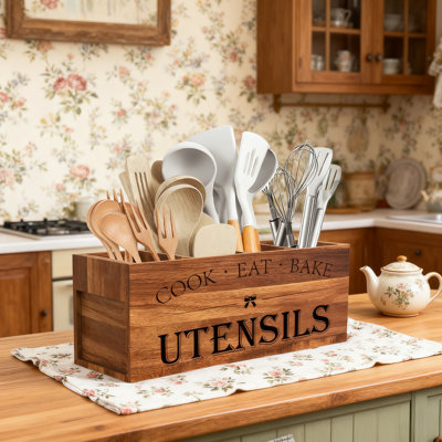 Porte-ustensiles en bois pour comptoir de cuisine, très grand organisateur de comptoir avec 4 compartiments, cloison amovible pour un nettoyage facile, décor de ferme rustique pour les ustensiles de cuisine