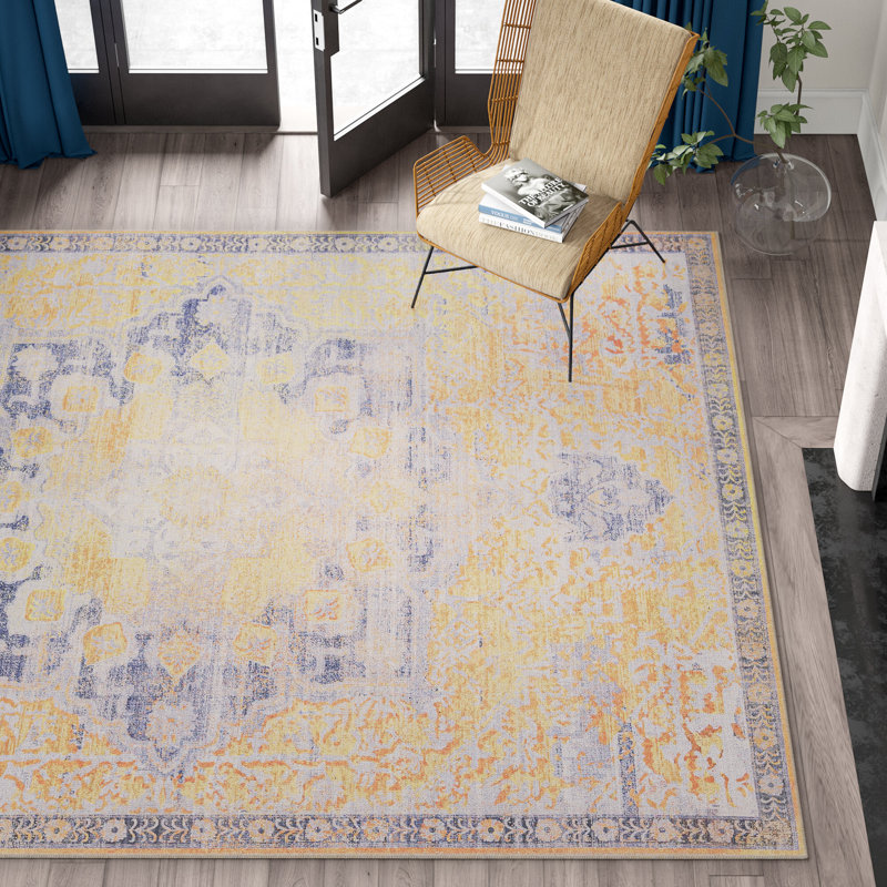 Tapis oriental bleu / jaune Hymel, Rectangle 9 pi 2 po x 12 pi