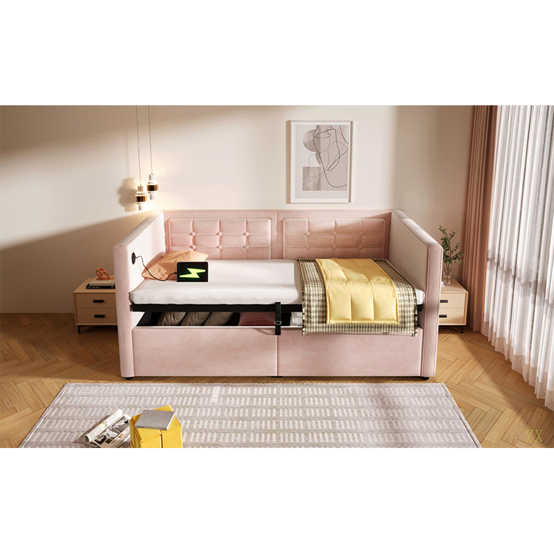 Upholstered Twin Size Daybed, Hydraulic Storage Twin Bed Frame With USB & Type-C Charging, Bed Frame With Wooden Slats And Tufted Sofa Back,Velvet (Without Mattress)
