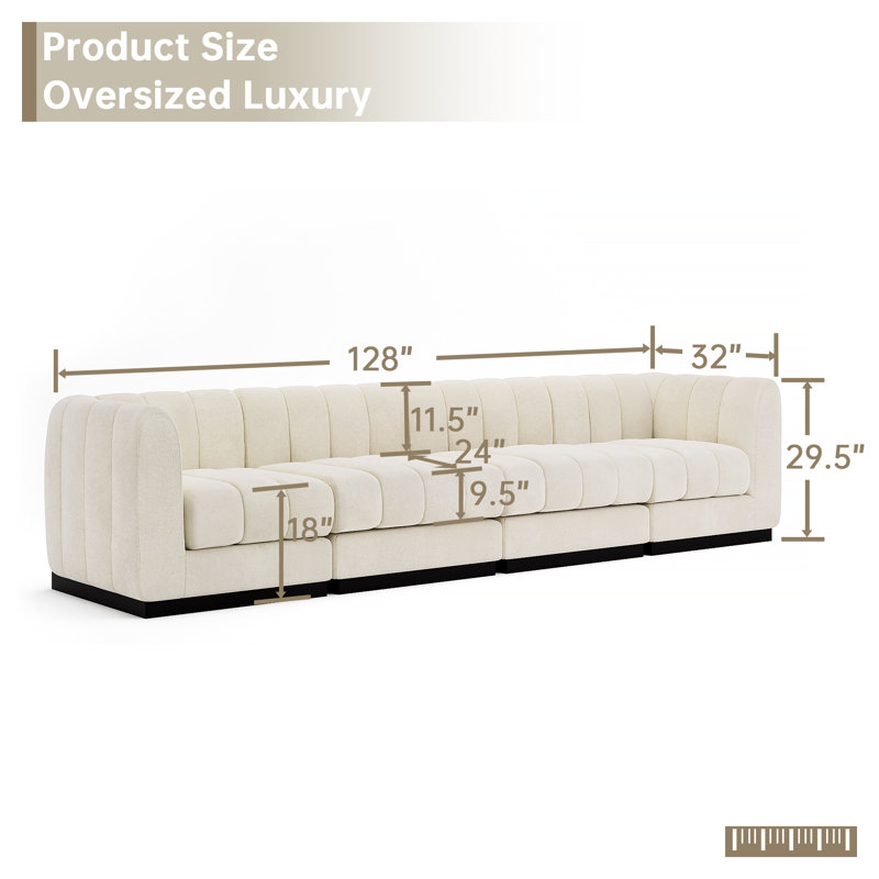Myrhn Modular Sectional,  4-Seater Contemporary Sleeper Bed with Solid Wood Base, White