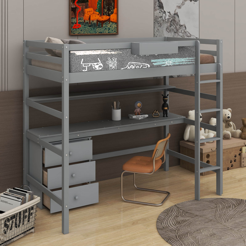 Lit mezzanine simple avec bureau, tableau noir et 3 tiroirs