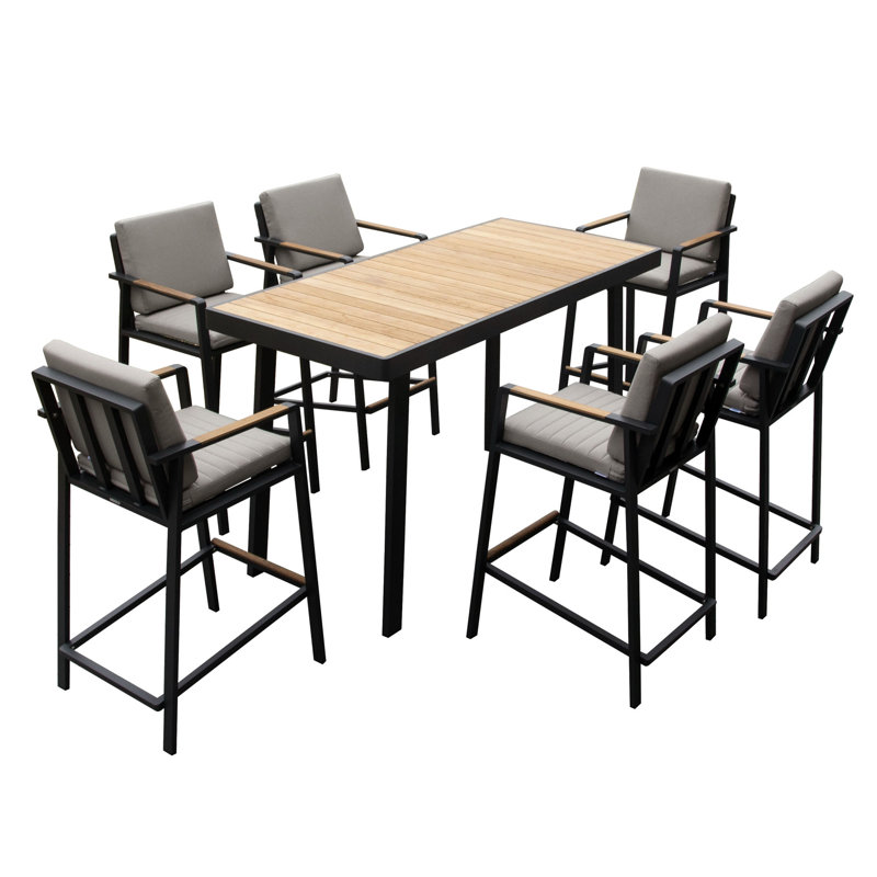 Nofi Patio Dining Bar Set with Stools, Aluminum 6-Person Pub Dining Table Set with Cushions