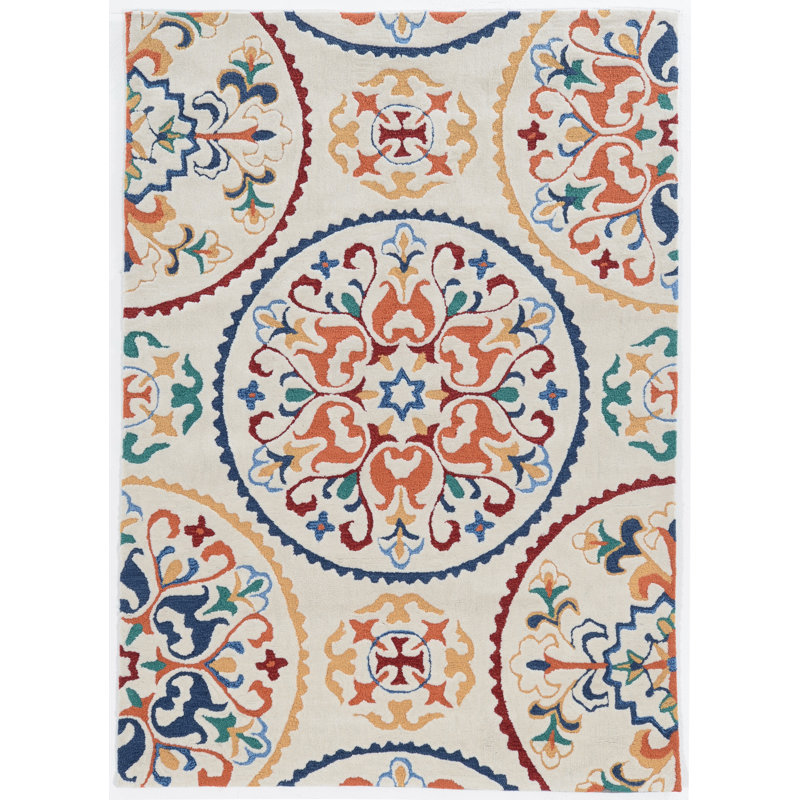 Tapis ivoire / bleu touffeté à la main à motif floral Equelle, Rectangle 1 pi 10 po x 2 pi 10 po