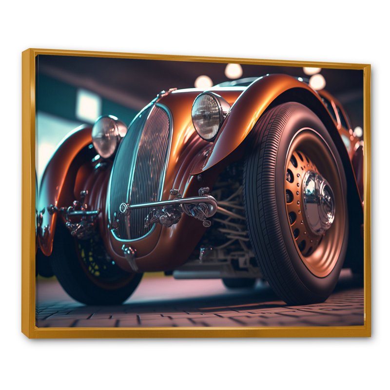 «Retro Retro Car pendant Golden Hour» - reproduction d'art sur toile, H 12 po x l 20 po x P 1 po, Cadre flottant doré