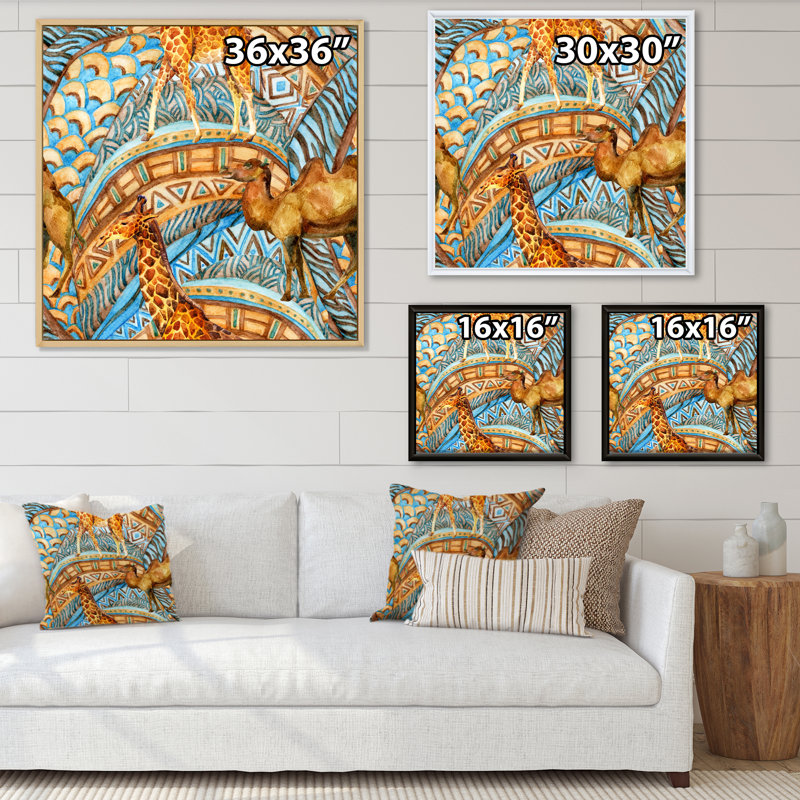 Girafe et caméléon sur une géométrie africaine - impression sur toile, H 16 po x l 16 po, Cadre flottant noir