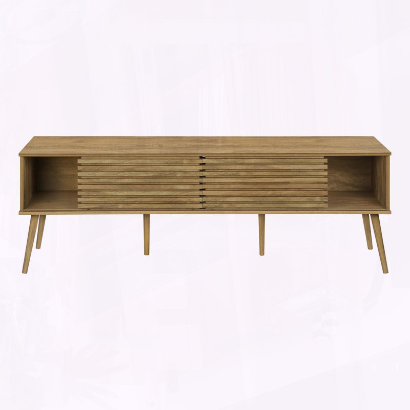 Walnut TV Stand with Sliding Doors and Solid Wood Legs, Walnut