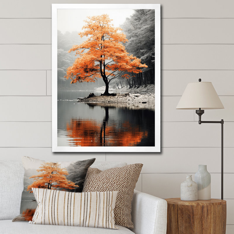 «Orange and Gray Forest Autumn Elegance II», art sur toile Forêt, H 32 po x l 16 po, Cadre photo unique, Blanc