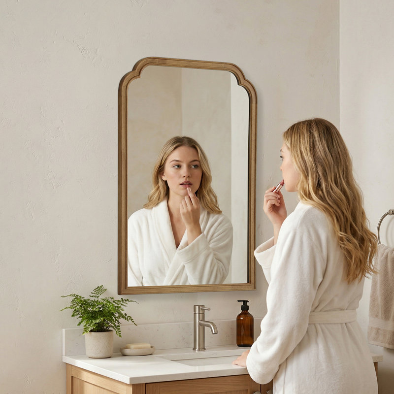 Ancalin Solid Wood Arched Wall Mirror, 36" x 24", Natural Wood