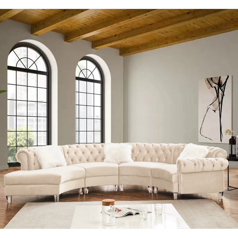 Velvet Curved Sectional, Beige Velvet