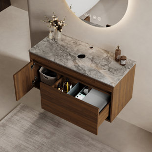 Meuble-lavabo simple 36 po avec plateau en pierre frittée, meuble-lavabo flottant en bois avec beaucoup de rangement, lavabo inclus