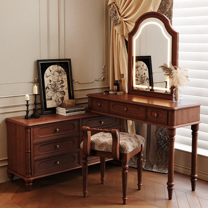 82.68"American-style brown chest of drawers with dressing table and mirror