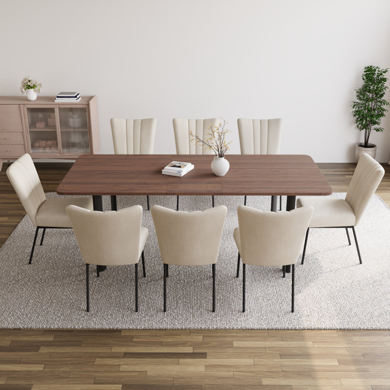 Modern Kitchen Dining Set, 63'' to 78.7'' Extendable Dining Table with 34.2"H Dining Chairs(Table 8Chairs), Beige