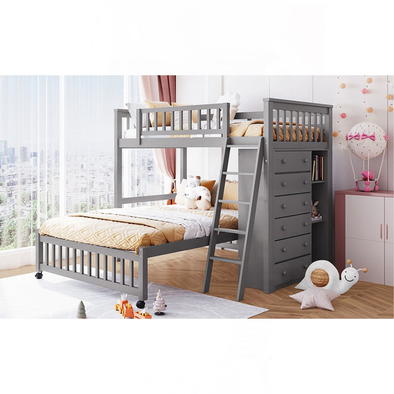 Lit superposé simple au-dessus d'un lit double en bois avec six tiroirs et tablettes flexibles, lit inférieur à roulettes, gris