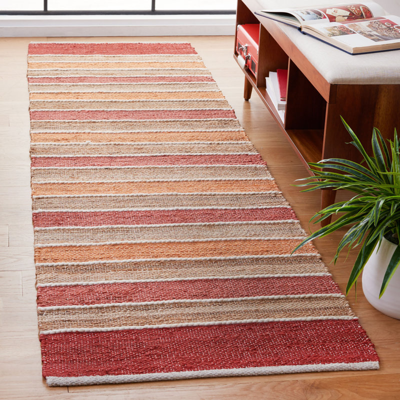 Alassane Hand Woven Jute/Cotton/Wool Striped Rug in Rust/Red, Runner 2'3" x 8'