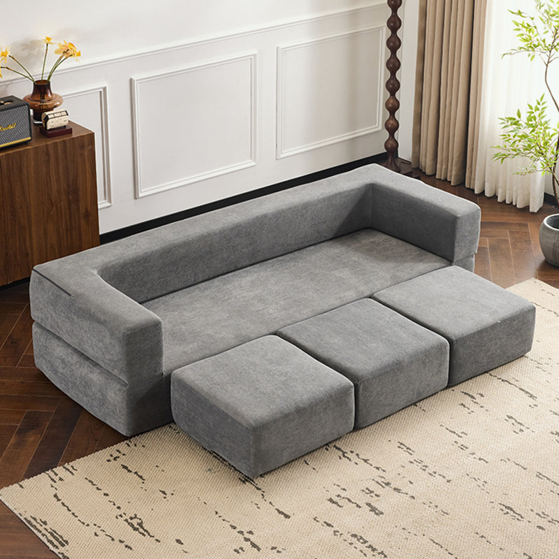 modular Chenille sofa with 3 Ottomans, Light Grey