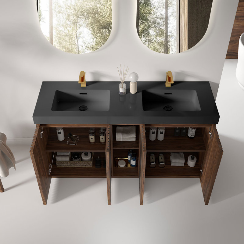 Meuble-lavabo double 60 po avec surface solide 60 po, Noir / brun, Monotrou