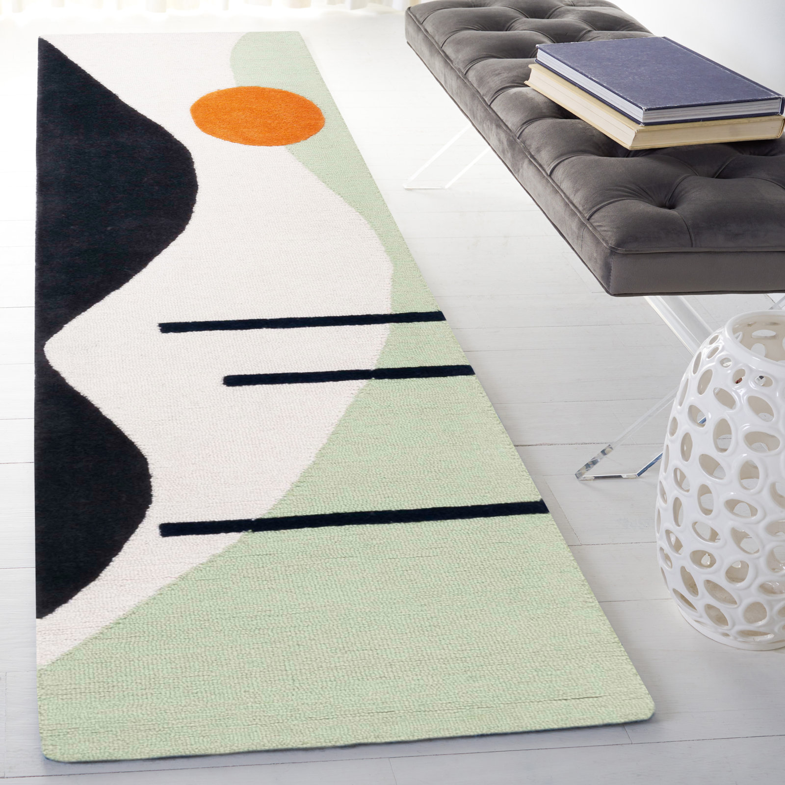 Felipe Green Black Hand-Tufted Wool Abstract Rug, Runner 2'3" x 8'