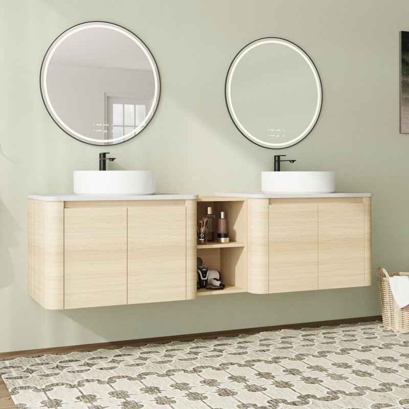 72'' Wall-Mounted Double Bathroom Vanity with Engineered Stone Top and Soft-Close Doors