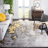 Tapis gris / jaune en polypropylène tissé à la machine à motif abstrait Riebe