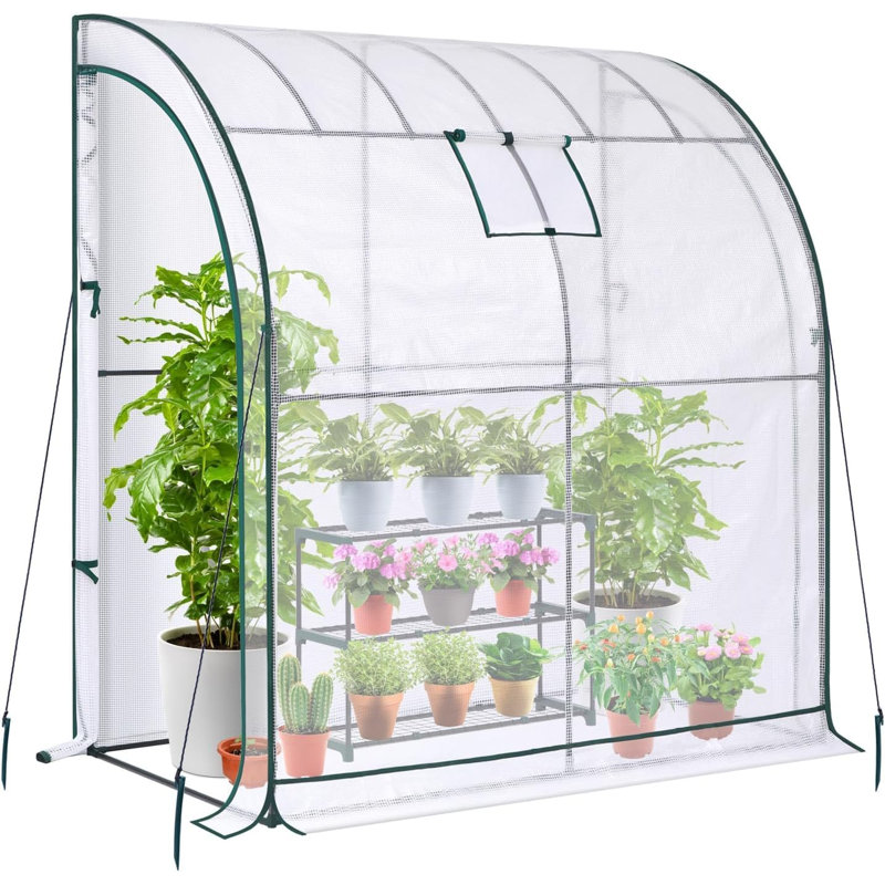 Walk-In Lean-To Wall Greenhouse - Heavy Duty Garden Plant Grow House With 2 Zippered Roll-Up Doors, Mesh Window & PE Cover - Outdoor Tunnel Growhouse With Steel Frame - L200 X W100 X H215cm