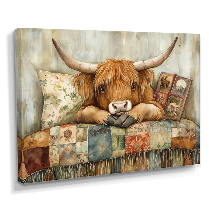 Quilted Highland Rest - Affiche murale vache, 34" H x 44" W, Toile tendue