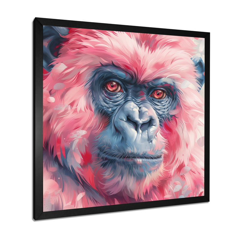 Portrait de gorille rose et bleu - décoration murale d'art Gorillawall, Cadre simple noir, H 16 po x l 16 po