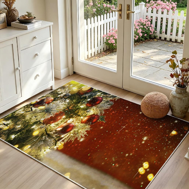 Tapis intérieur doré lavable à la machine, motif sapin de Noël décoré, Rectangle 39 po x 63 po