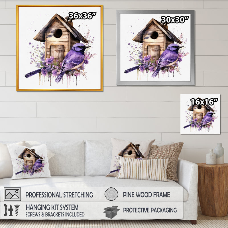 «Purple Lavender Birdhouse I», reproduction sur toile, H 36 po x l 36 po x P 1,5 po, Cadre flottant doré