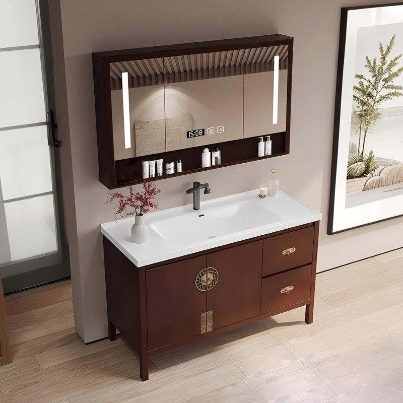 Meuble-lavabo autoportant en bois d'hévéa 48,03 po avec armoire à miroir, 48"