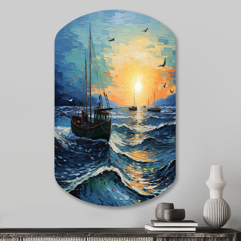 Vangogh paysage marin avec pêche III - art mural asymétrique en métal Vangogh, H 31 po x l 19 po