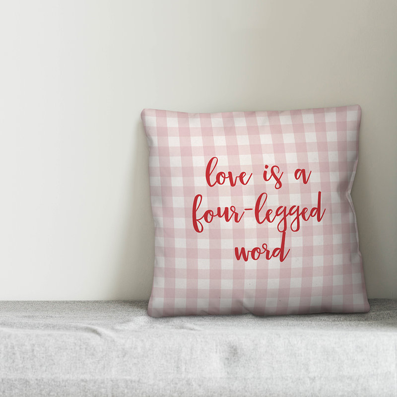  Coussin décoratif à carreaux 16 po «Love is A Four-Legged Word», Coussin décoratif, Rose/noir