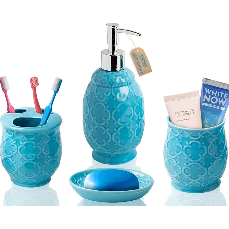 Ensemble d'accessoires de salle de bain 4 pièces - Ensemble de salle de bain en céramique avec finition brillante bleue - Accessoires de meuble-lavabo modernes, y compris porte-savon, gobelet et porte-brosse à dents