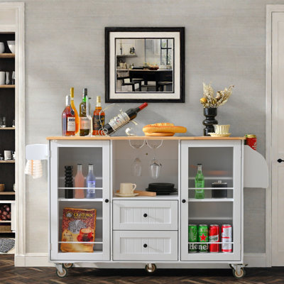 Kitchen Island  With Dropleaf Top, Towel Rack, Spice Rack, 2 Drawers And 2-door Cabinet