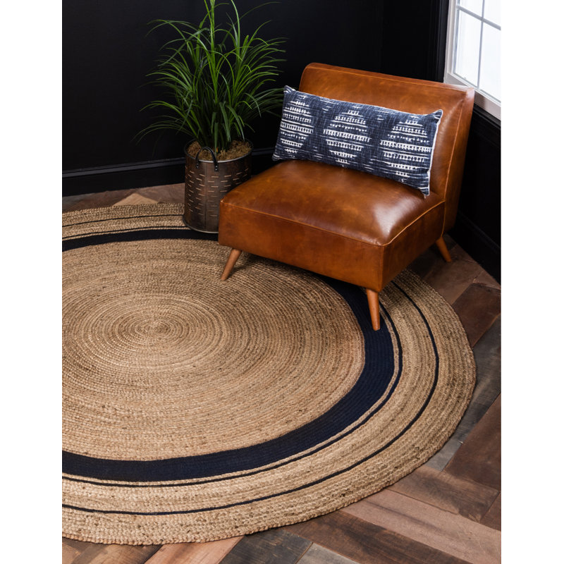 Tapis naturel tressé Lenard, Rond 3 pi 3 po, Natural/Navy Blue