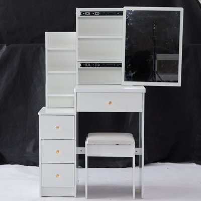 29.2" Small Space Left Bedside Cabinet Vanity Table With Cushioned Stool, Extra Large Right Sliding Mirror, Multi Layer High Capacity Storage, Practical Fashionable Dresser