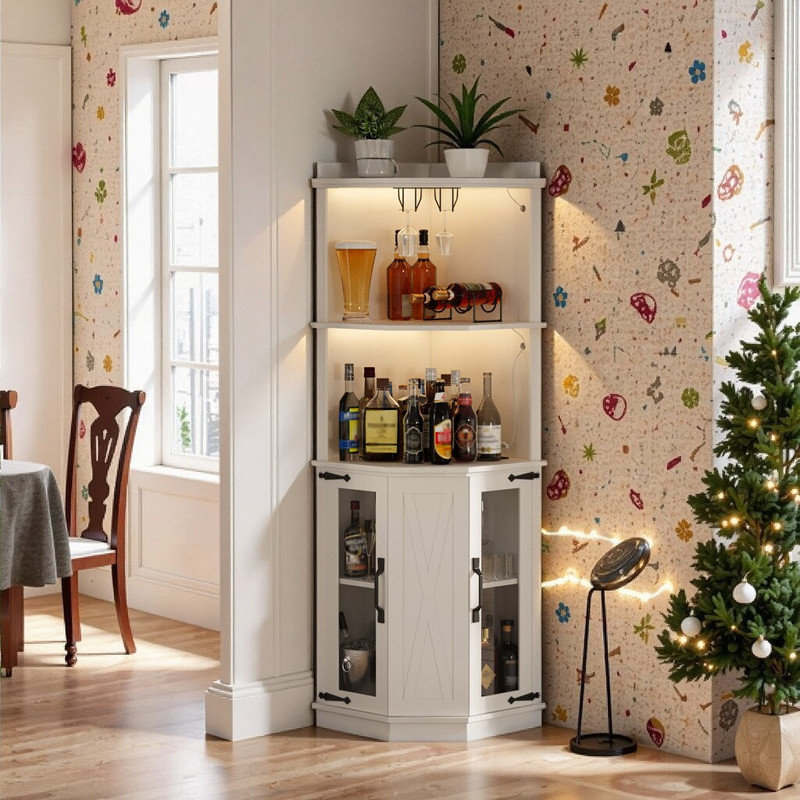 Armoire de bar 67,3 po avec prise de courant en MDF avec lumières DEL et tablettes réglables