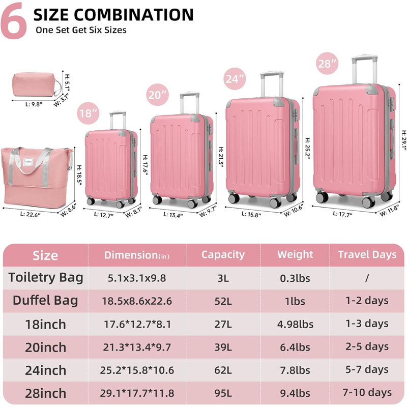 Ensemble de 6 valises avec sacs de voyage, valises rigides extensibles avec roulettes à verrou TSA