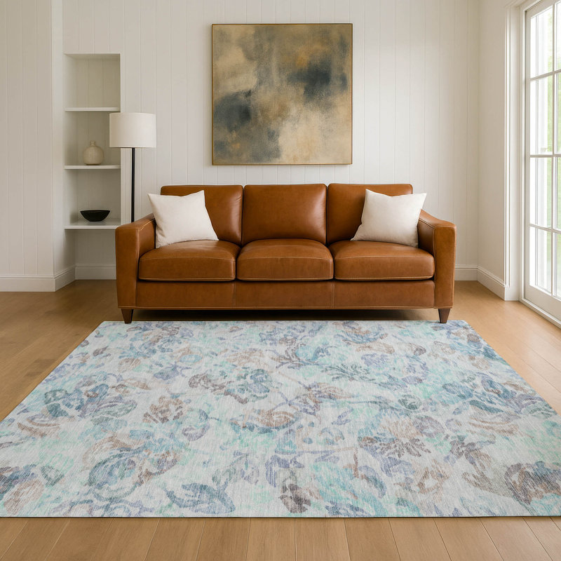 Tapis floral intérieur / extérieur lavable à la machine Chantille ACN2723, Bleu sarcelle, 3 pi x 5 pi