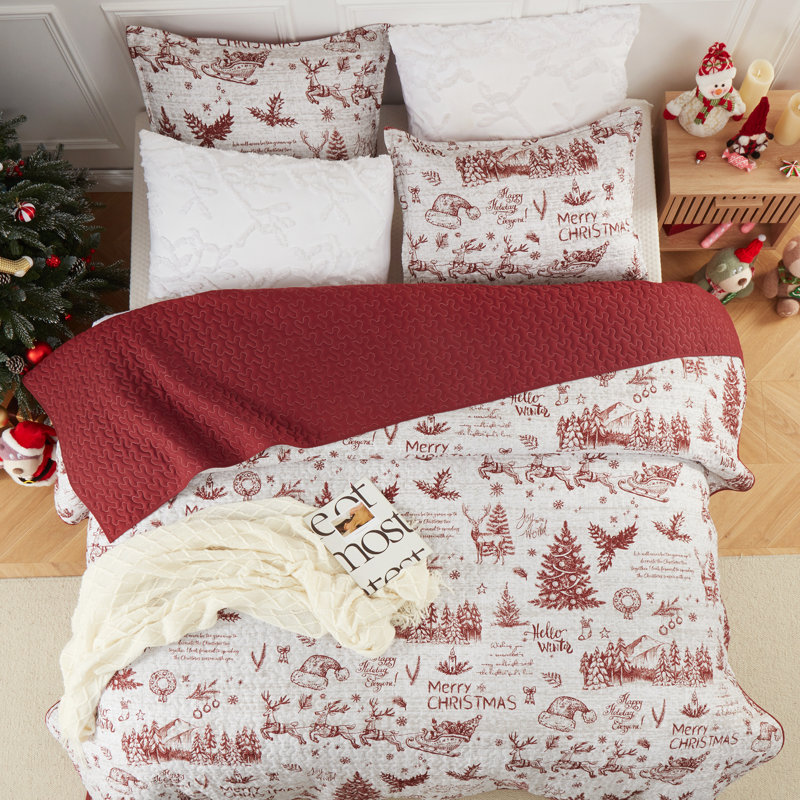 Ensemble de courtepointe de Noël avec imprimé festif, ensemble de literie en microfibre douce avec rembourrage en polyester, literie de Noël confortable