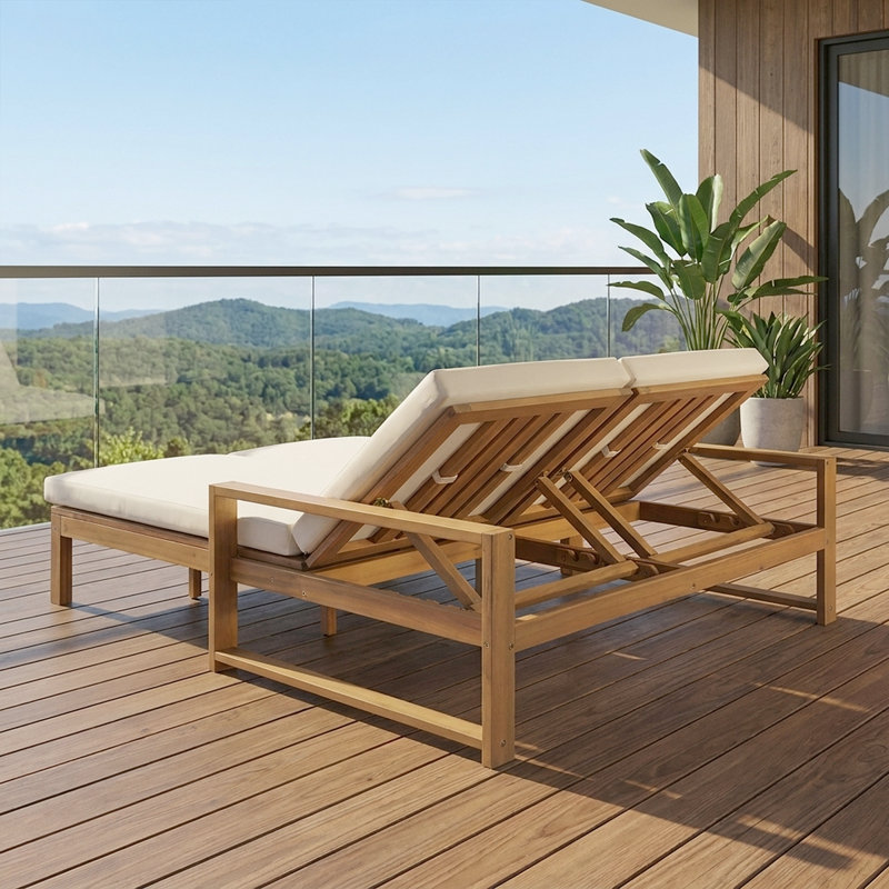 Méridienne double réglable pour l'extérieur avec coussins - Méridienne de patio en bois massif pour la piscine, le jardin ou le balcon