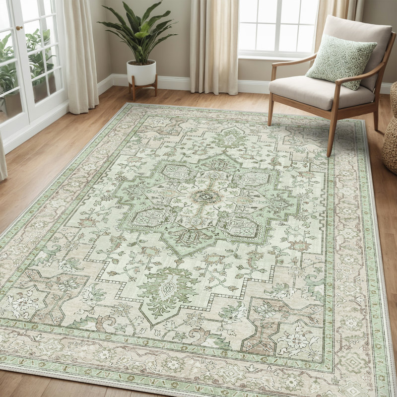 Roehit Oriental Performance Machine Washable Area Rug, Rectangle 5' x 7', Beige/Green
