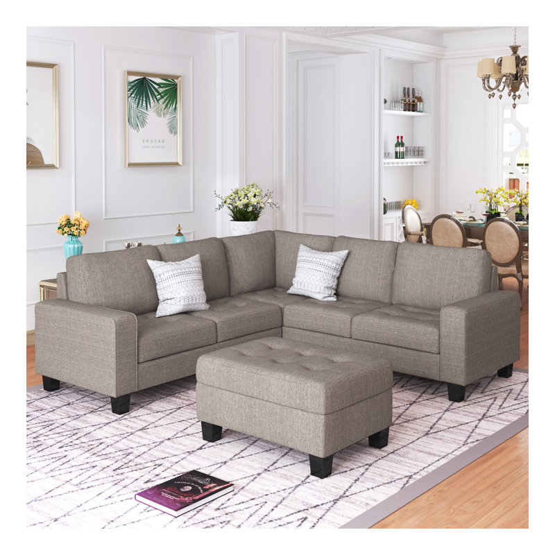 Orisfur. Canapé d'angle modulaire en L avec rangement pour repose-pieds et porte-gobelets, Lin brun